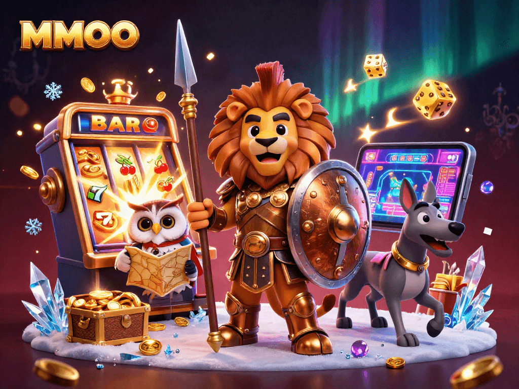 Spin the reels with MMOO's Spartan lion and luck symbols in a vibrant casino scene.