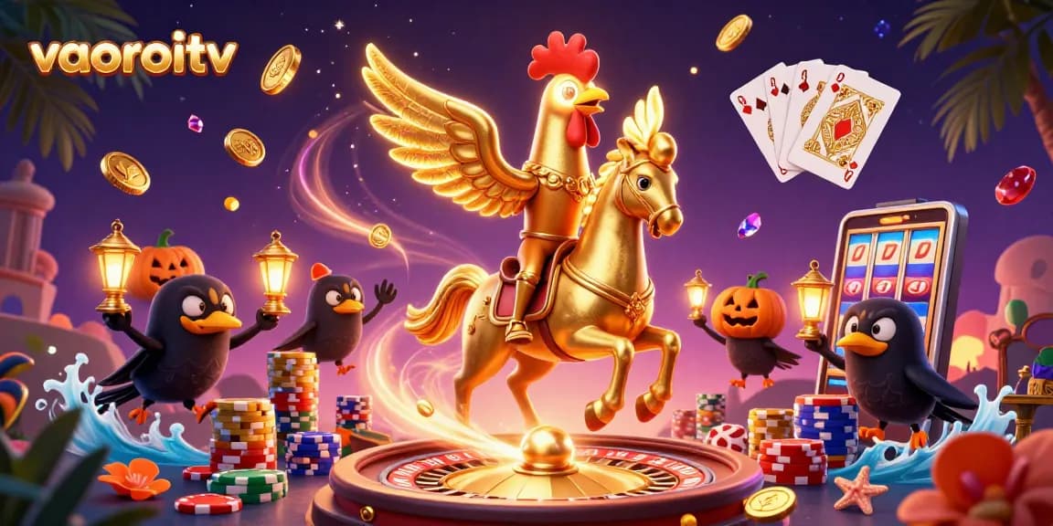 Experience thrilling victories with vaoroitv as golden rooster rides in a dazzling midnight casino.