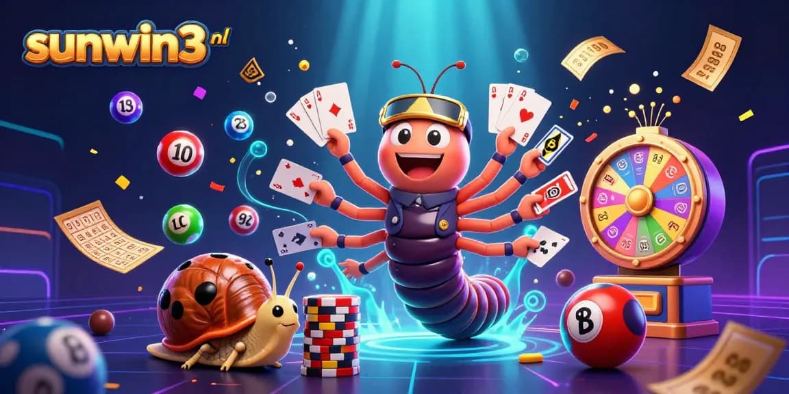 Experience the excitement at sunwin3 nl as vibrant lottery elements surround whimsical casino characters
