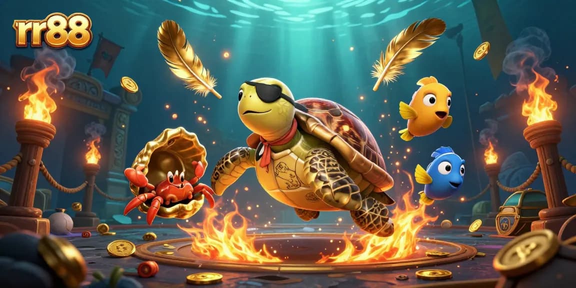 Engage with rr88's vibrant underwater casino adventure featuring a pirate turtle, crab, and parrotfish.