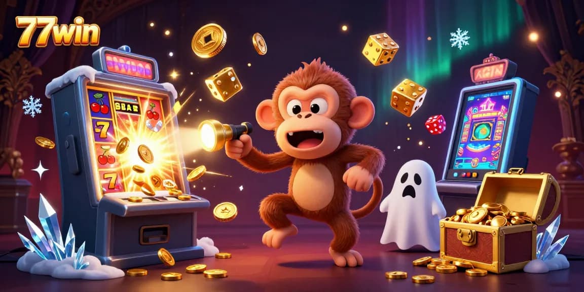 Engage with the vibrant gaming action at 77win as a mischievous monkey juggles casino treasures.