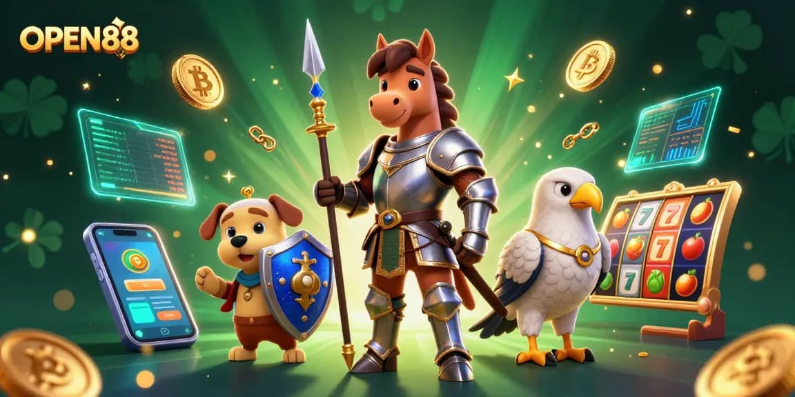 Experience thrilling action with OPEN88 in a vibrant 3D casino illustration featuring knights and crypto elements.