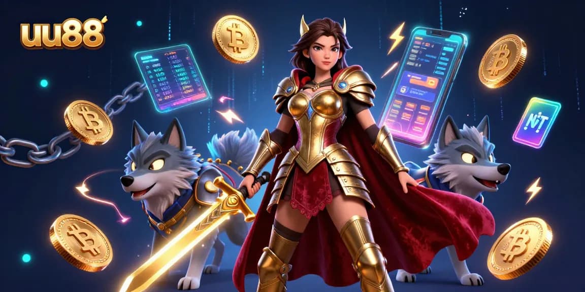 uu88 offers an immersive gambling experience featuring a warrior queen and armored wolf amidst vibrant cryptocurrency elements.