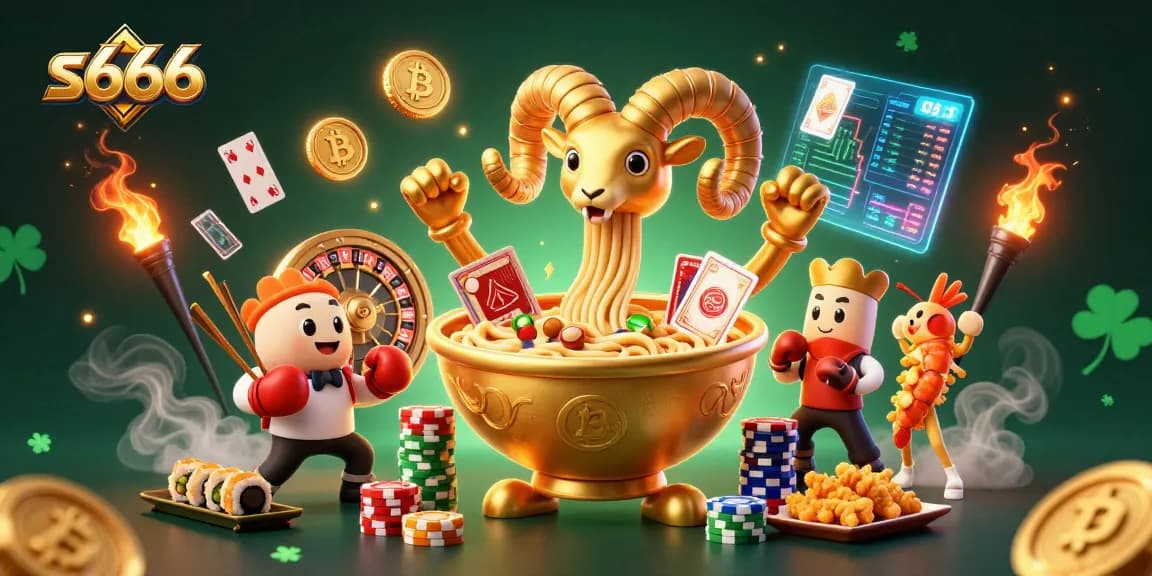 Engage with the dynamic excitement of s666 as a giant ramen bowl character plays cards surrounded by vibrant casino elements.