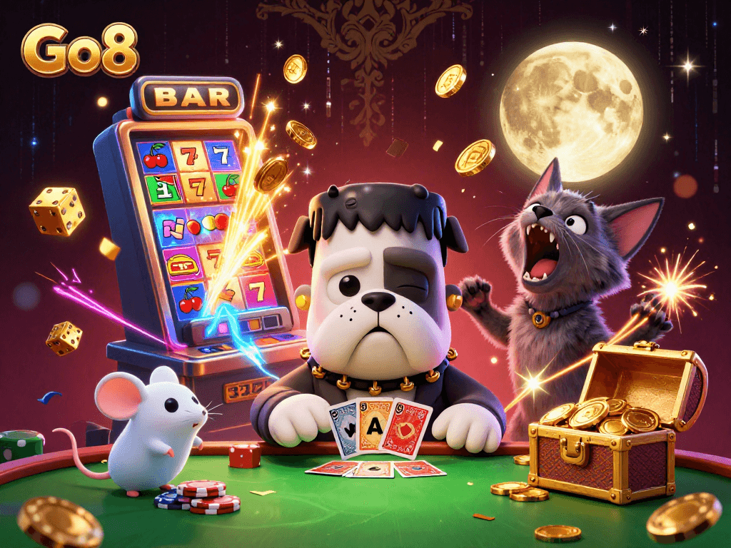 Go8's thrilling action features a magical bulldog dealer amidst a jackpot explosion and casino excitement.