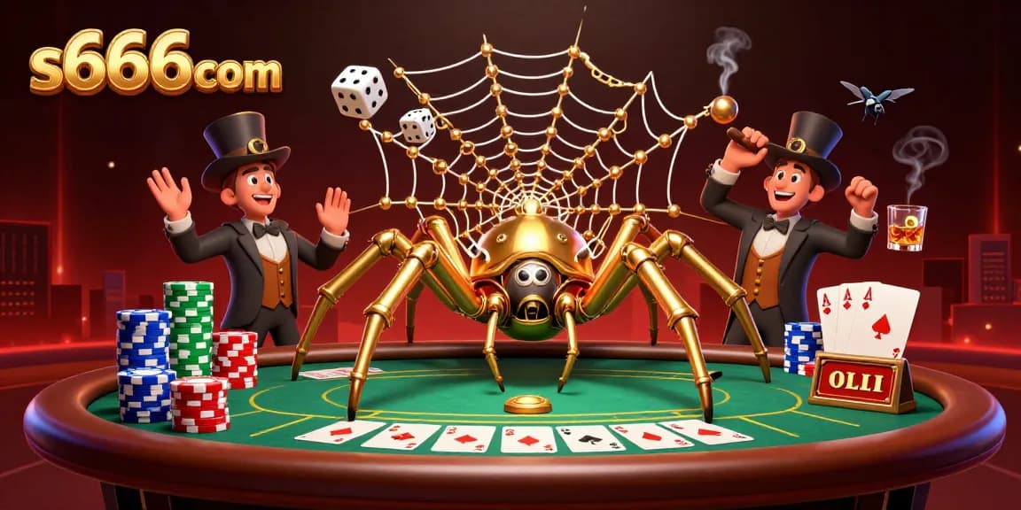 S666com captivates players with a vibrant steampunk casino scene featuring intricate webs of luck and gambling action.