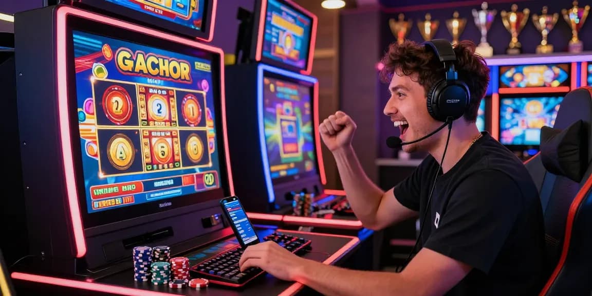 Player celebrating a big win on a slot gacor machine, showcasing excitement and modern gaming