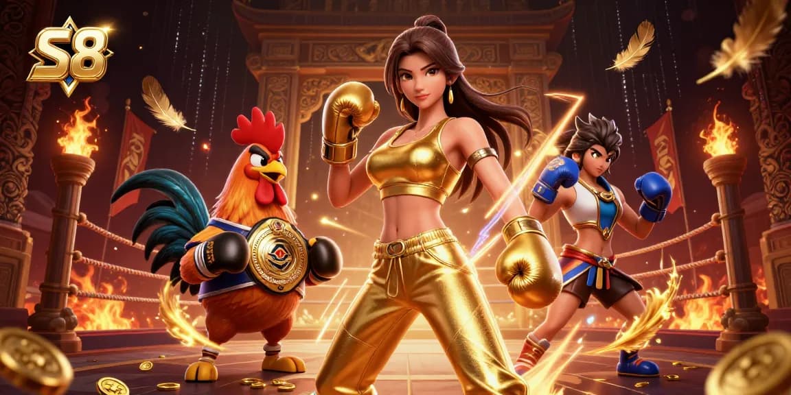 Engage with S8's thrilling casino atmosphere featuring a champion rooster and vibrant game elements.