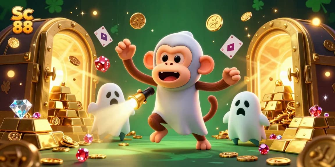 Experience Sc 88's haunted casino with a playful ghost monkey and a curious puppy exploring treasures.