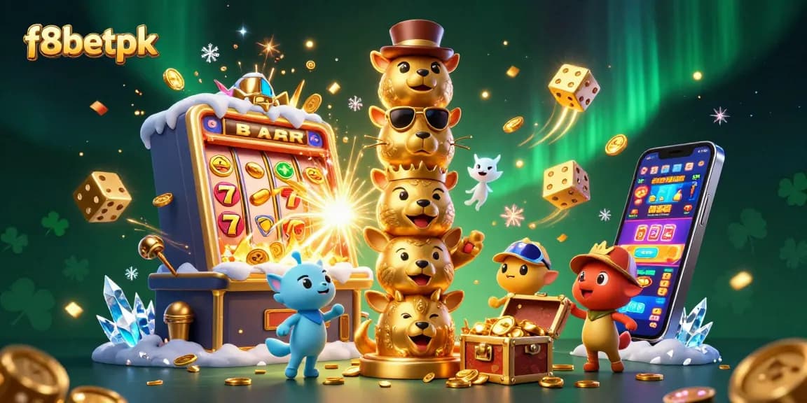 Join f8betpk in an energetic casino scene filled with vibrant slot machines and golden treasures.