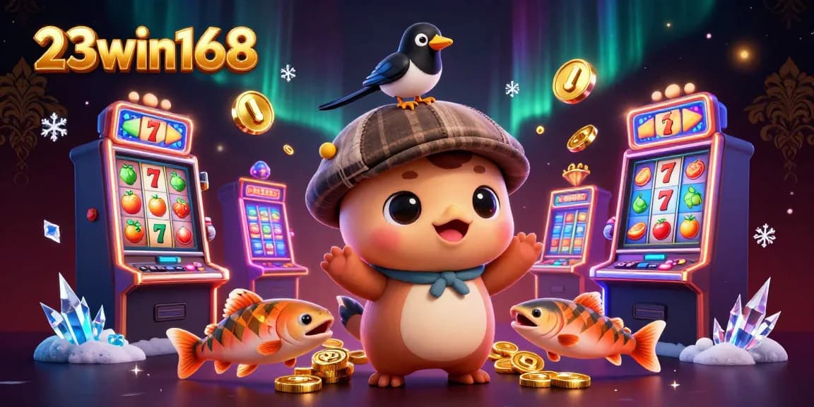 Experience thrilling gameplay at 23win168 with vibrant slot machines, gold coins, and lively characters.