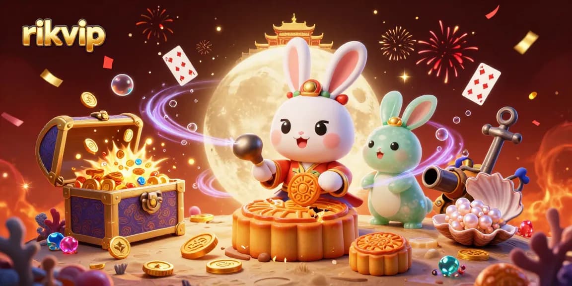 Experience thrilling gaming excitement with rikvip's vibrant 3D illustration of a moon rabbit amidst casino treasures.