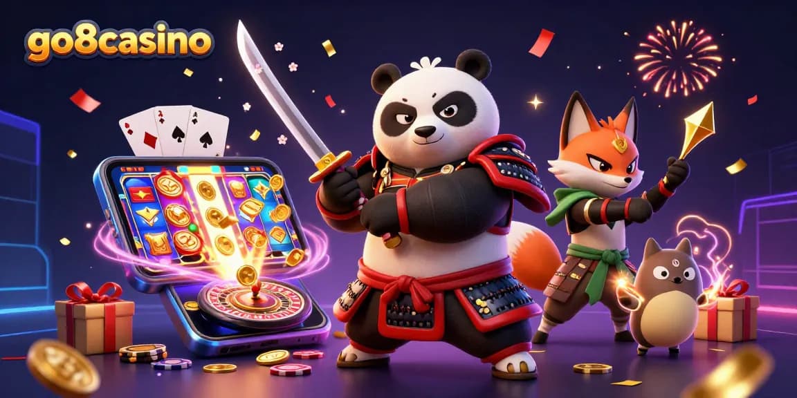 Experience the excitement of go8casino with animated characters, slot games, and festive elements.