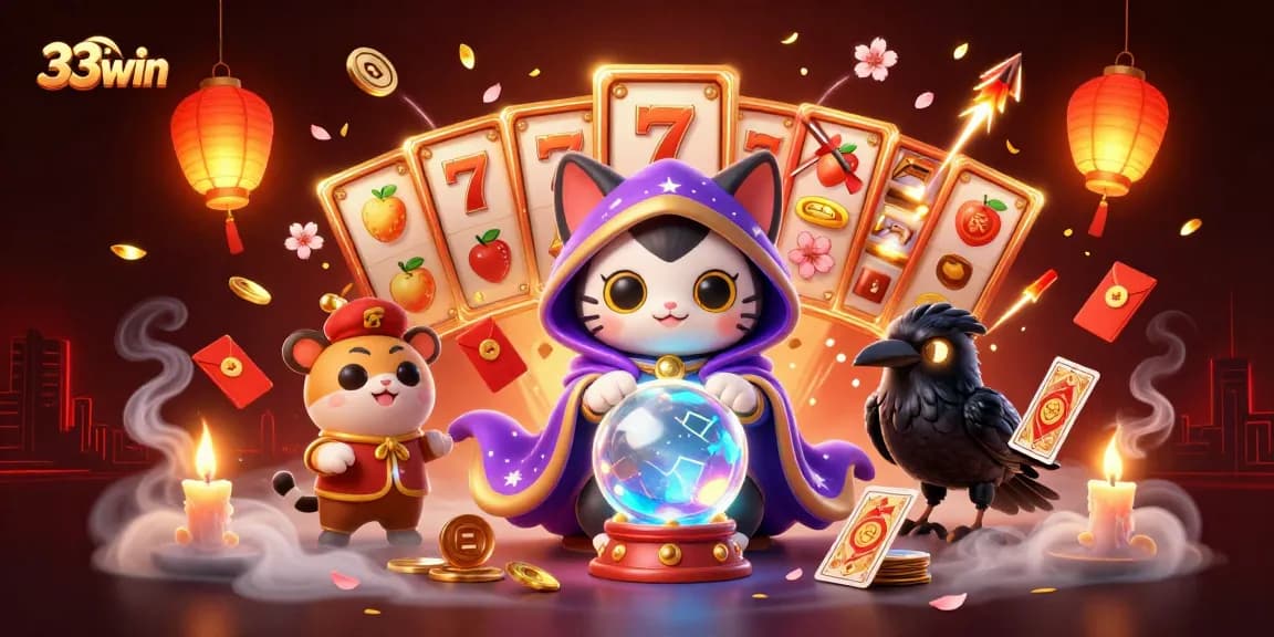 Engage in thrilling casino action with 33win, featuring fortune teller cat and jackpot elements.