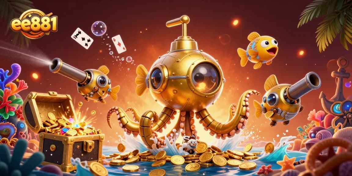 Experience the thrilling world of ee881 with a vibrant golden kraken and treasure galore in a captivating underwater scene.
