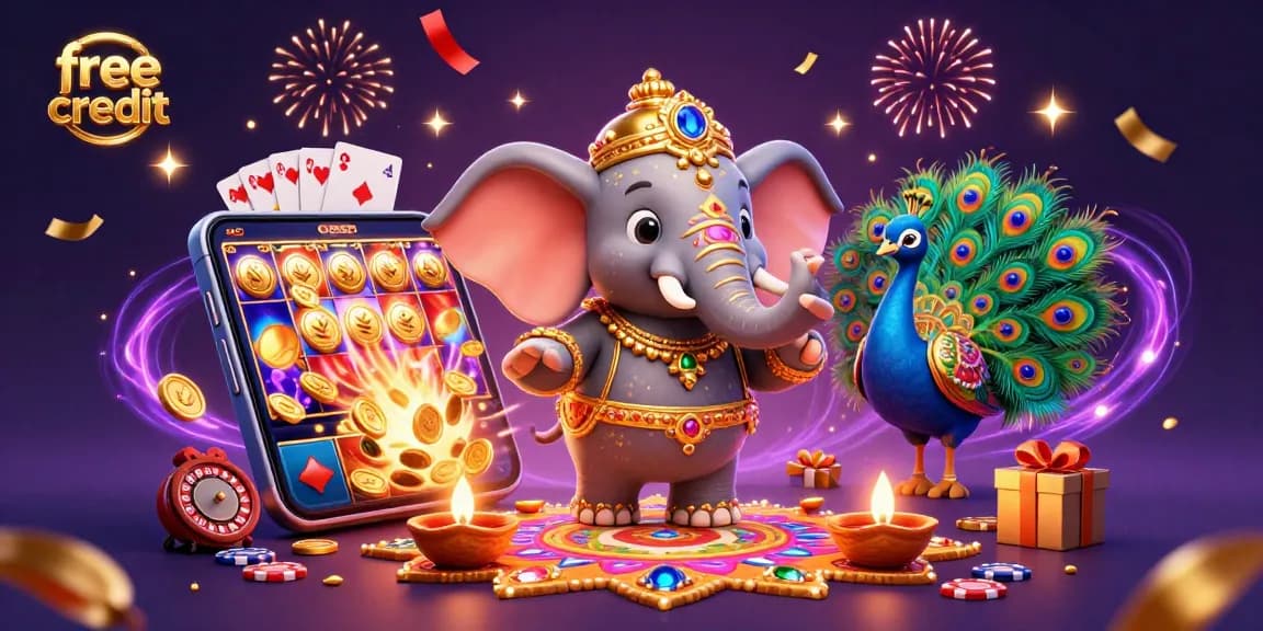 Engage with free credit offers while a colorful elephant inspires fortune in a vibrant casino scene.