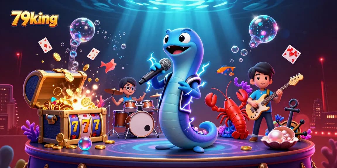 Experience thrilling gameplay with 79king at this vibrant underwater casino featuring a DJ eel and treasure.
