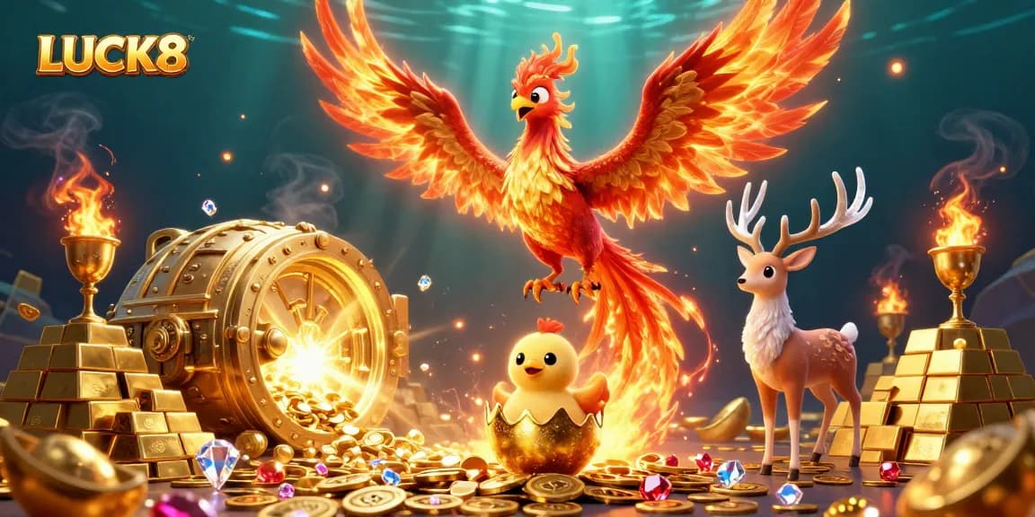 Experience LUCK8's vibrant casino world with icons of wealth and magic in this dynamic 3D illustration.
