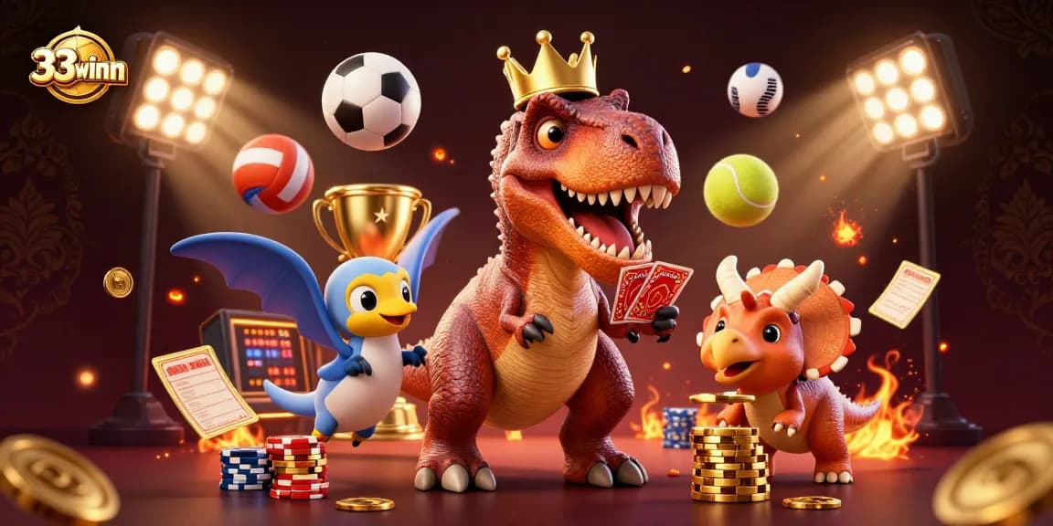 Experience thrilling action with 33winn as dinosaurs shuffle cards and stack chips in this dynamic casino scene.