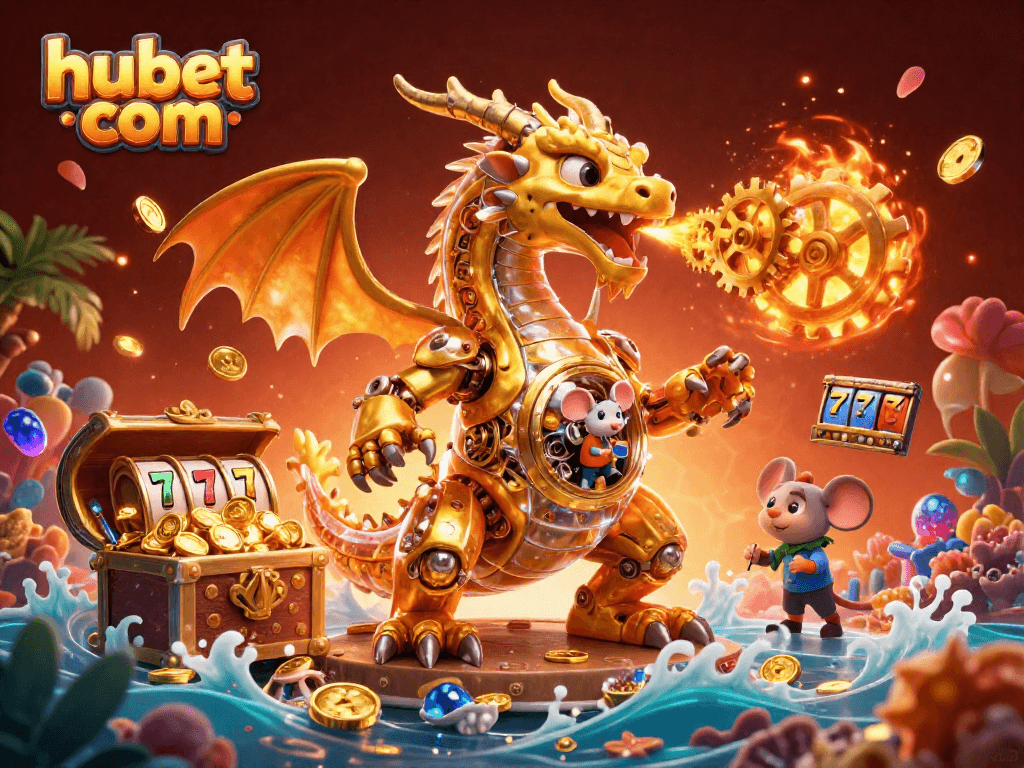 Engage with thrilling games at hubet com, featuring lively slot elements and a golden dragon character.