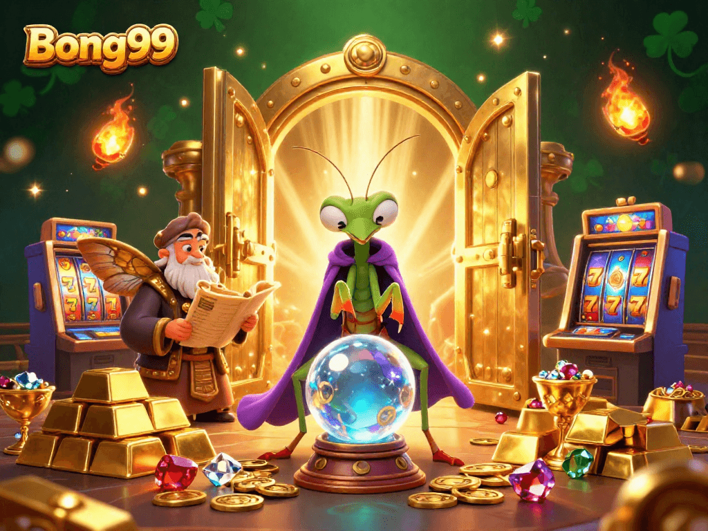 Bong99 slot machines light up with fortune teller and librarian in a magical casino scene.