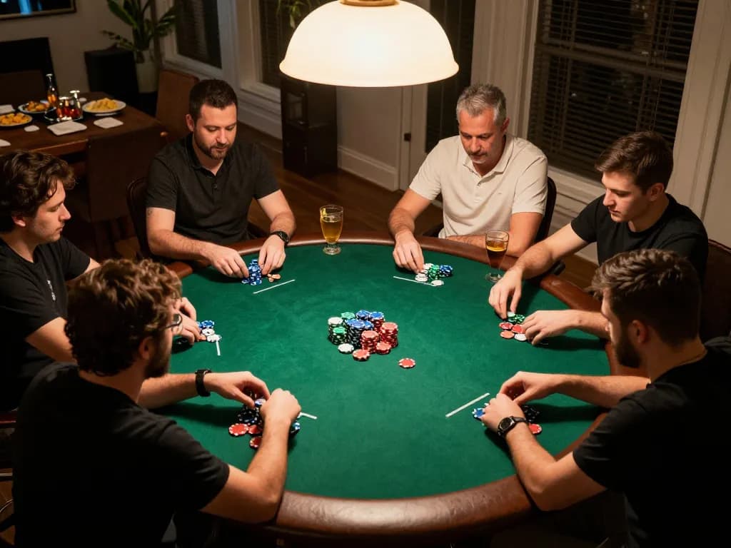 Zowin players enjoying a thrilling poker game in a cozy home setting, focused on strategy and action
