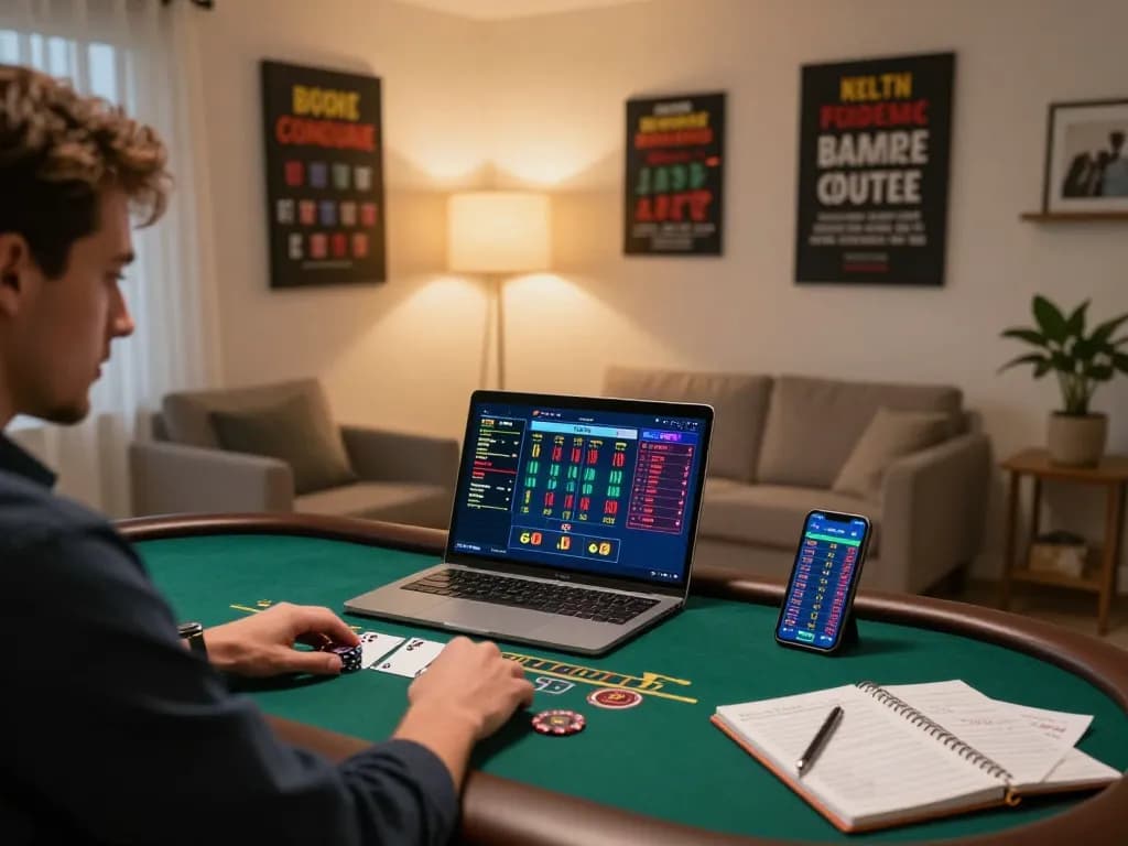 Engaging in live dealer blackjack on trang chủ llwin with a laptop and smartphone in a cozy home office