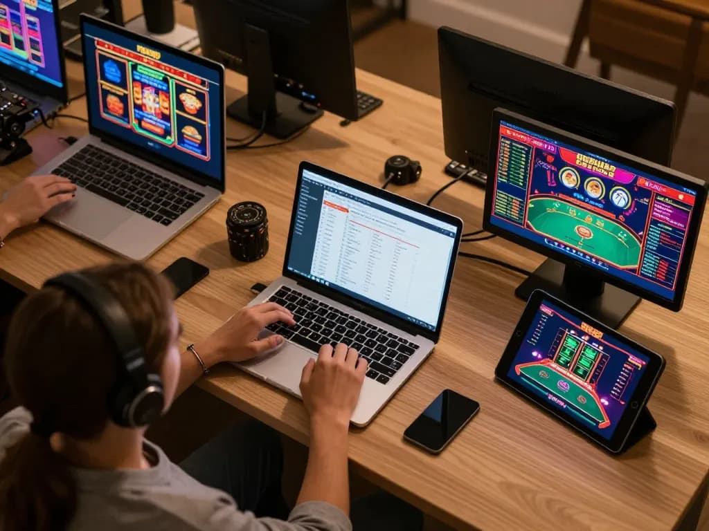 Engaging gaming setup showcasing Nhà cái mv66 online betting experiences with multiple screens displaying dynamic casino games.
