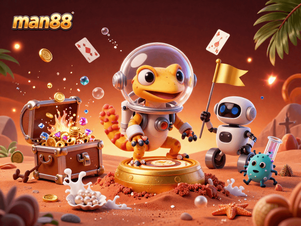 Experience the excitement of man88 as the Martian gecko discovers a golden casino filled with treasures and wild games.
