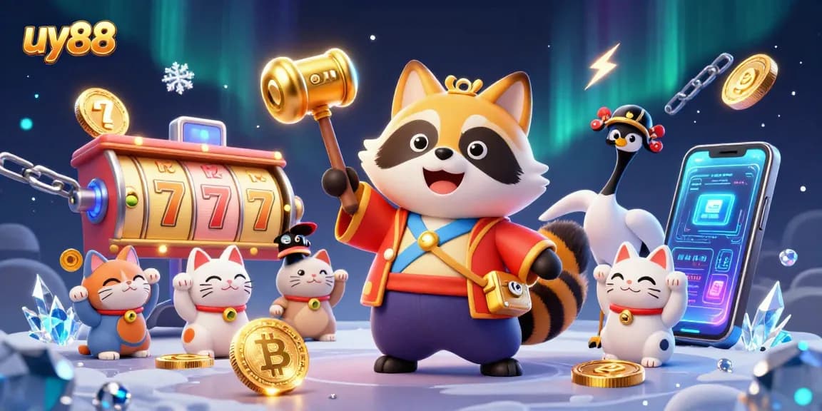 Engage with uy88's exciting slot experience featuring cheerful raccoon and lucky symbols in vibrant scene.