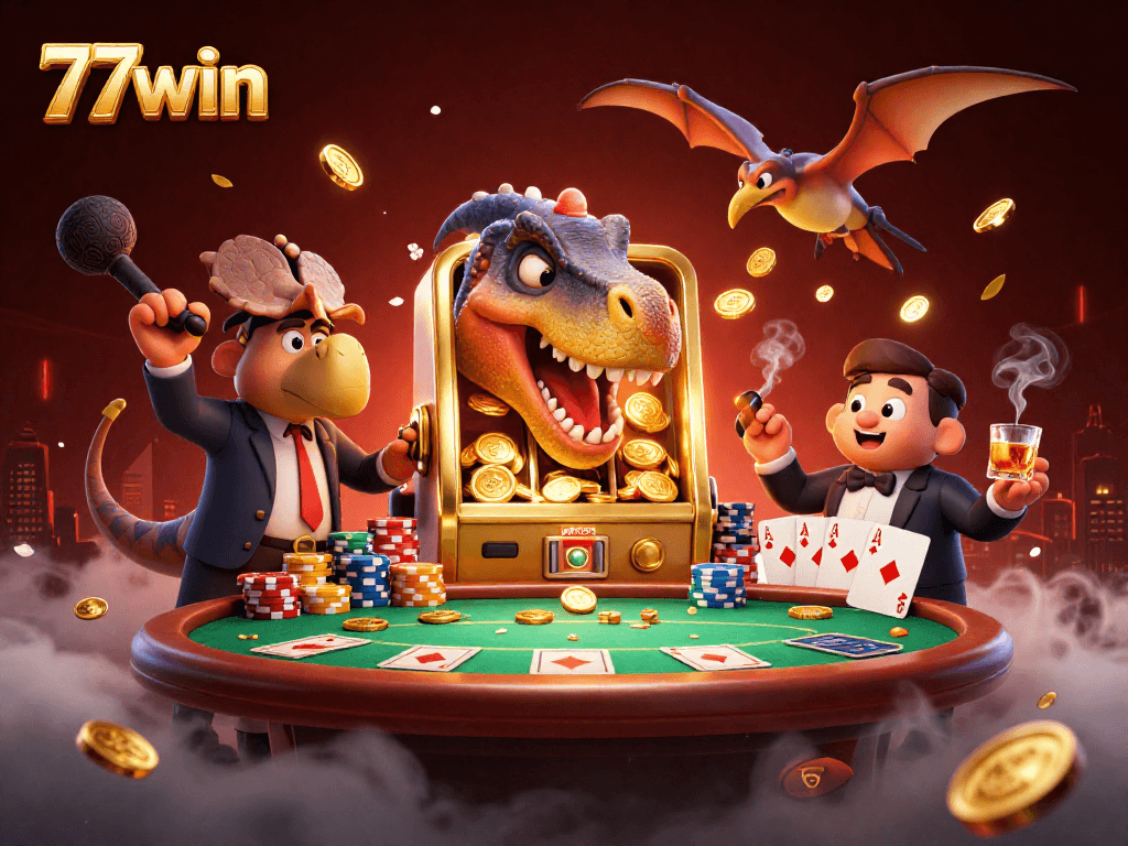 77win showcases a cartoon dinosaur celebrating jackpot wins at a casino with vibrant gambling action around.