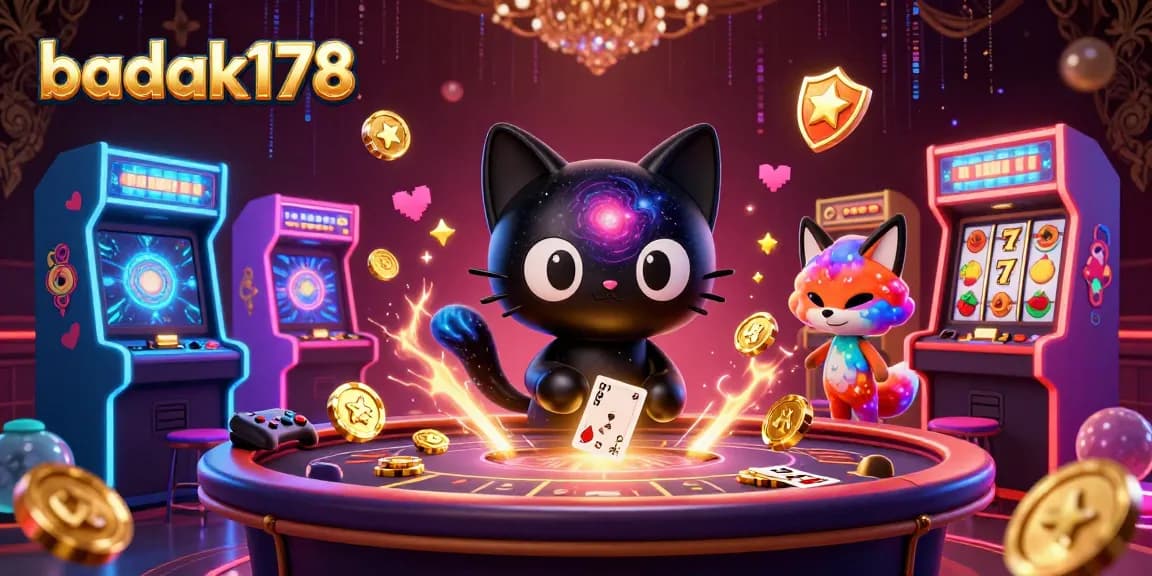 Experience the magic of badak178 at a cosmic casino with vibrant characters and glowing game elements.