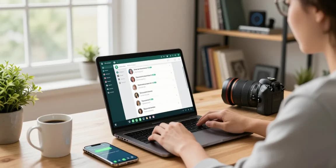 WhatsApp網頁版 displayed on a laptop in a modern home office, showcasing a productive workspace with natural light.
