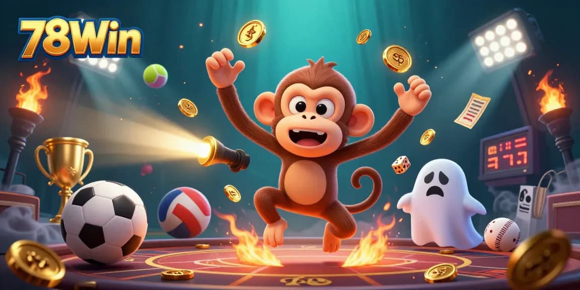 Experience the excitement of 78Win with a ghost-hunter puppy tracking a playful poltergeist monkey in a vibrant casino.