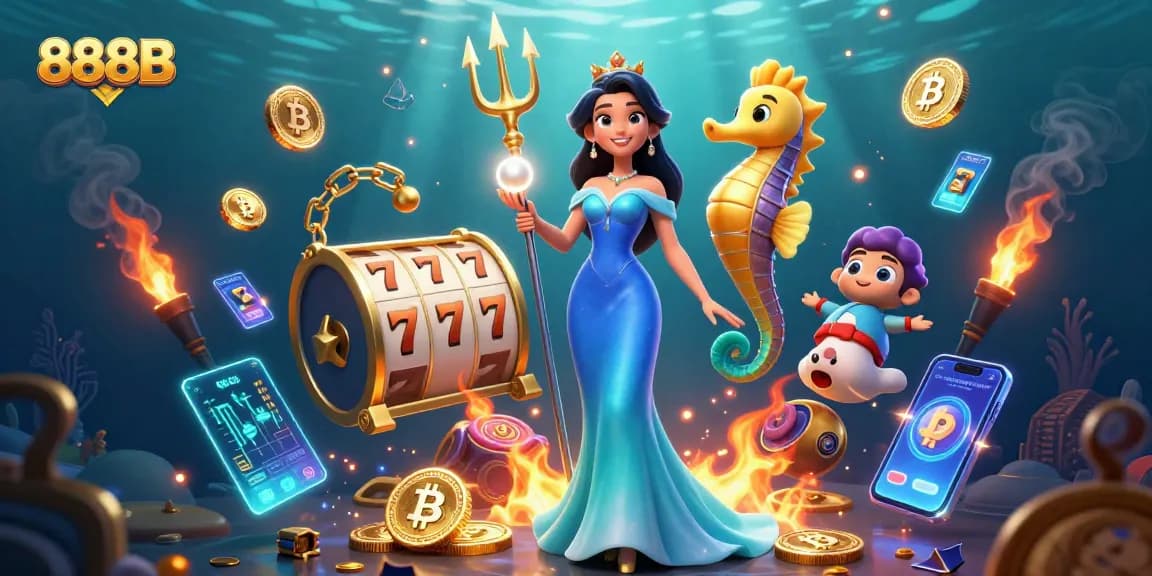 Experience the vibrant world of 888B casino with a captivating underwater treasure illustration featuring a glamorous character.