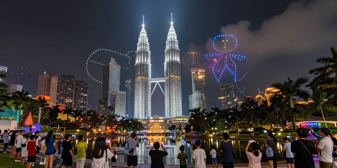 Dazzling drone show lighting up Kuala Lumpur skyline, showcasing modern aerial entertainment.