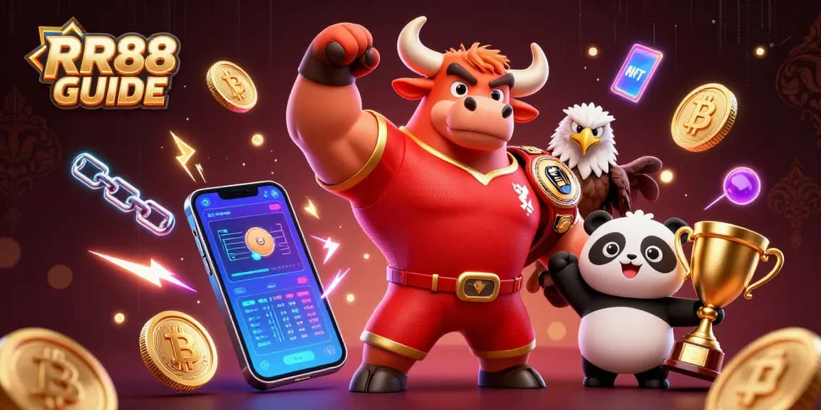 Experience winning strategies with the RR88 GUIDE, featuring a victorious bull mascot and friends in an exciting casino setting.