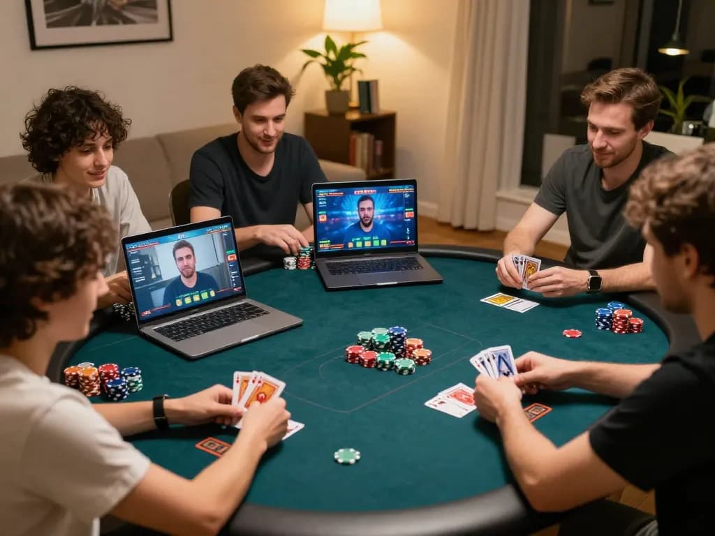 Players enjoying an exciting game of poker on MM88 from the comfort of home, with vibrant game screens and interactive atmosphere