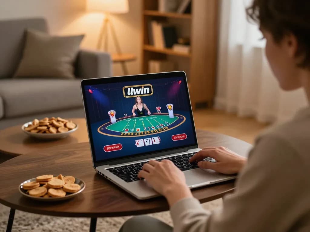 Engaged player enjoying llwin online gaming session on a laptop in a cozy home setting.