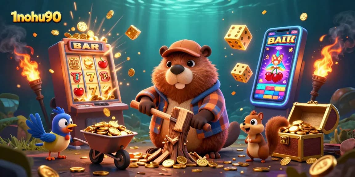 Experience the thrilling adventure of 1nohu90 as our cartoon lumberjack beaver collects golden coins in a bustling casino.
