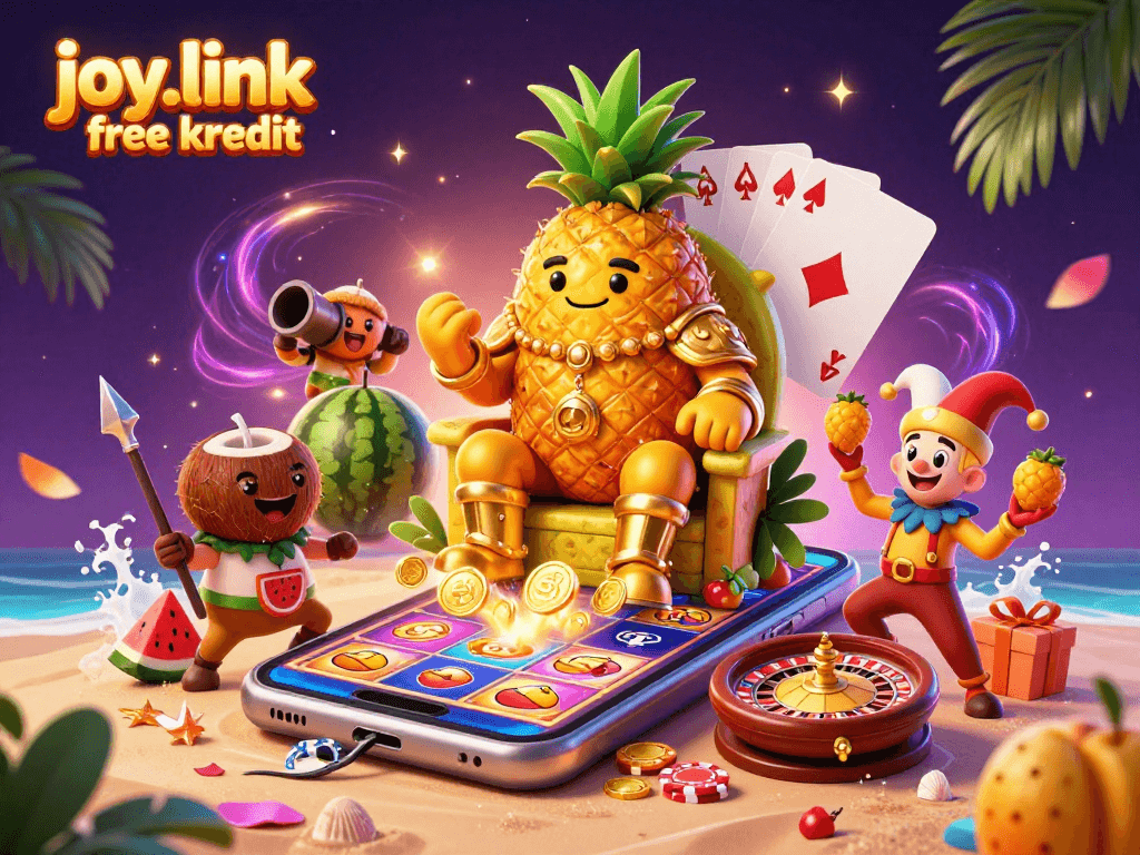 Spin to win with joy.link free kredit in this vibrant casino illustration showcasing a tropical beach theme and interactive game elements.