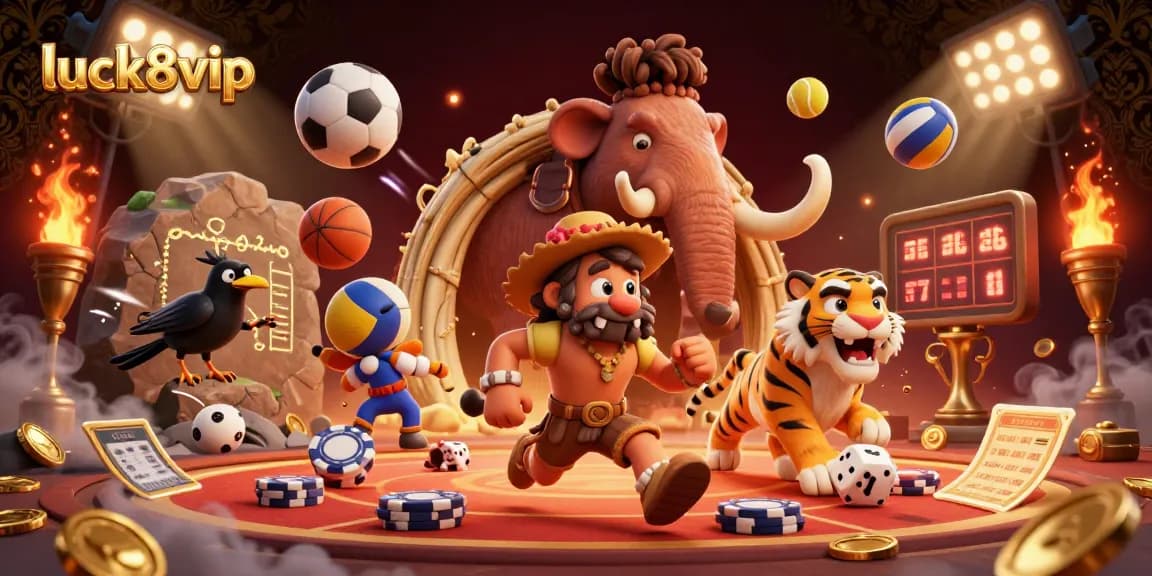 Join the fun at luck8vip with a vibrant prehistoric casino scene featuring dynamic game elements and energetic characters.