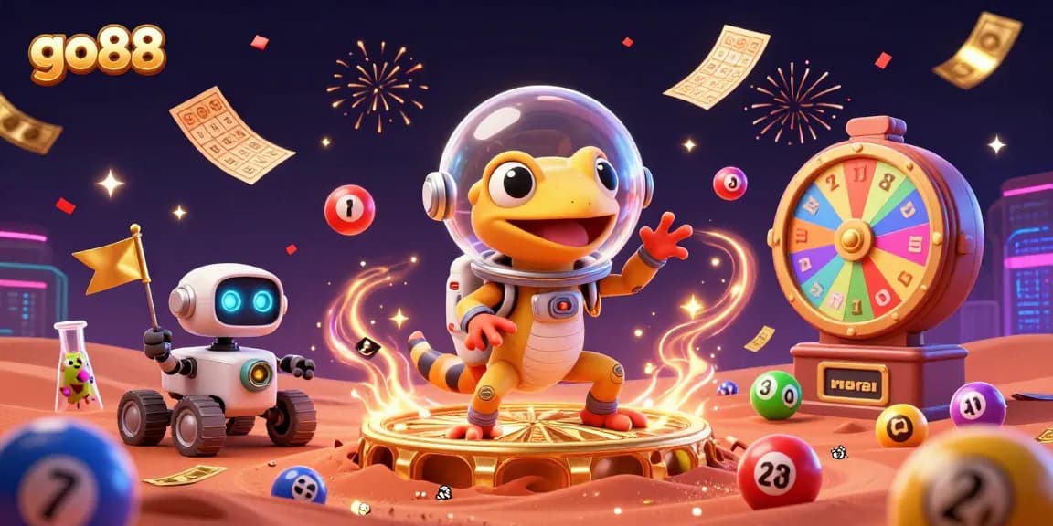 Join go88's Martian gecko in a golden casino adventure with dynamic lottery excitement.
