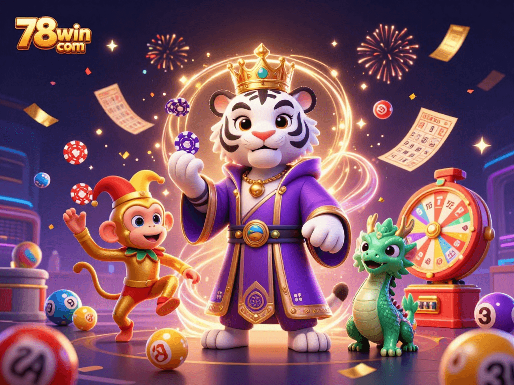 Play and win at 78win com with a captivating lottery scene featuring vibrant animated characters and elements.