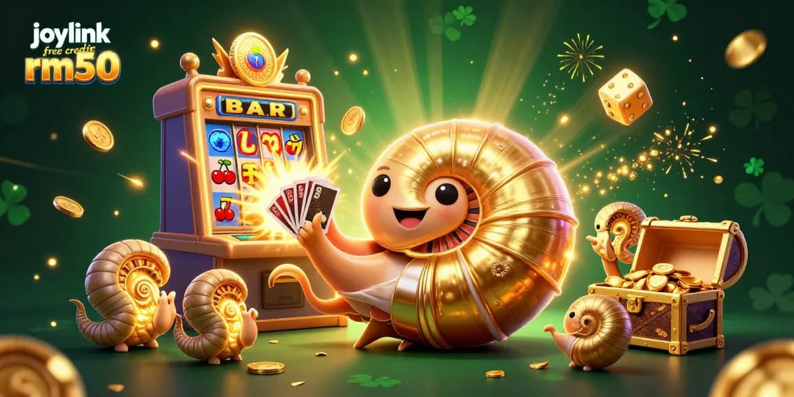 Experience joylink free credit rm50 with a vibrant casino-themed illustration featuring jackpots and gaming excitement.