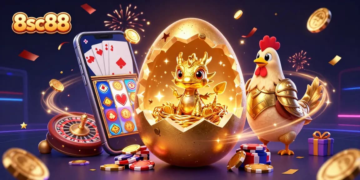 The baby dragon in 8sc88 emerges from an egg of poker chips, symbolizing exciting gaming rewards.