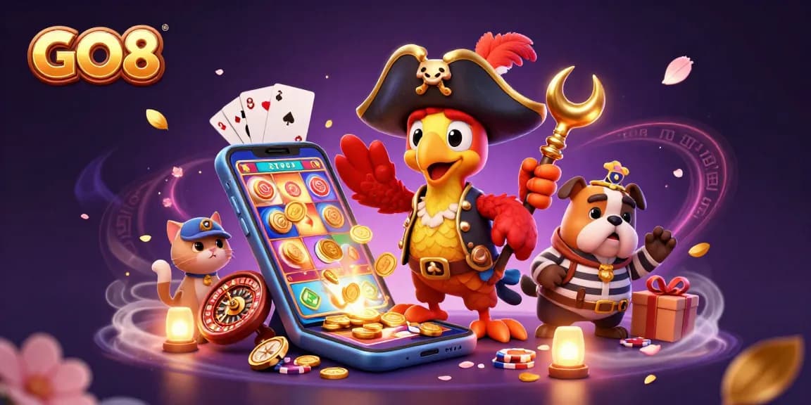 Experience GO8's gaming atmosphere with a pirate captain and bulldog amidst colorful casino elements.