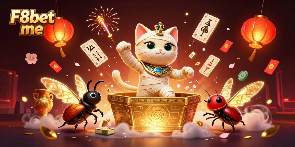 Engage with F8bet me while witnessing a vibrant 3D casino scene with an Egyptian mummy and rich decorations.