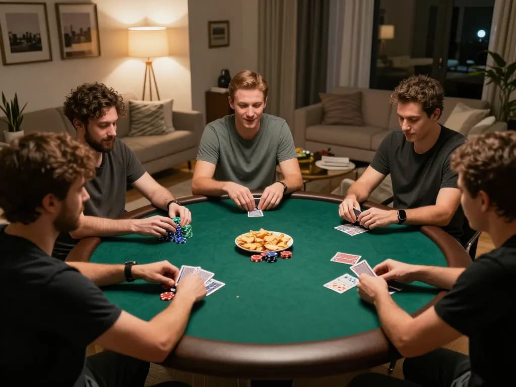 Friends engaging in a poker game at home, showcasing strategies with keonhacai5 insights.