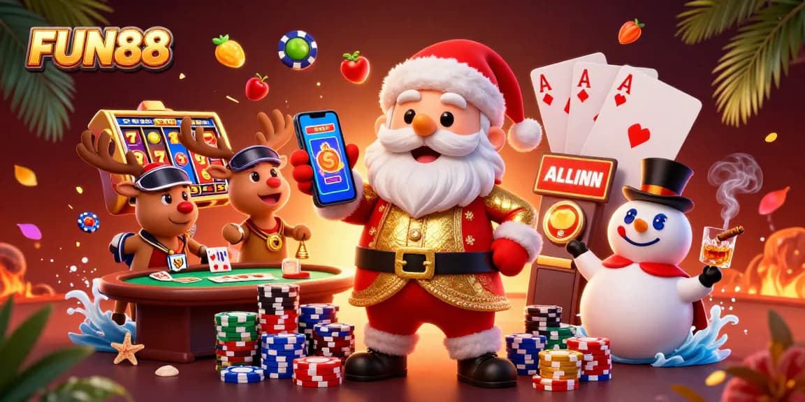 Experience FUN88’s thrilling jackpot slots with vibrant casino characters and festive elements.